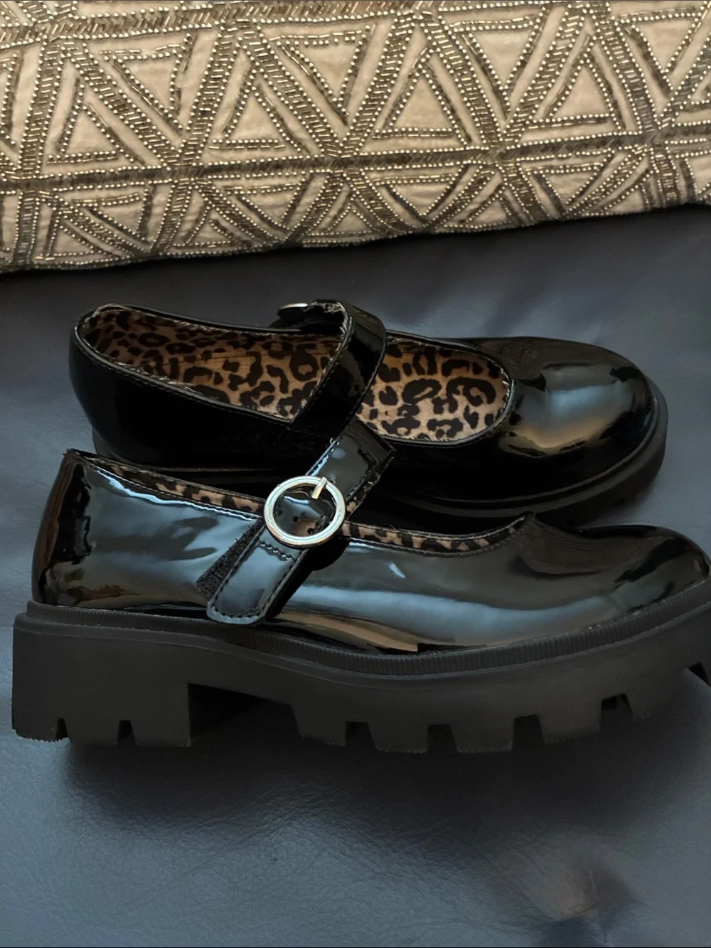Sincerely Jules Girls  Black Patent Mary Jane Shoes with Leopard Insole